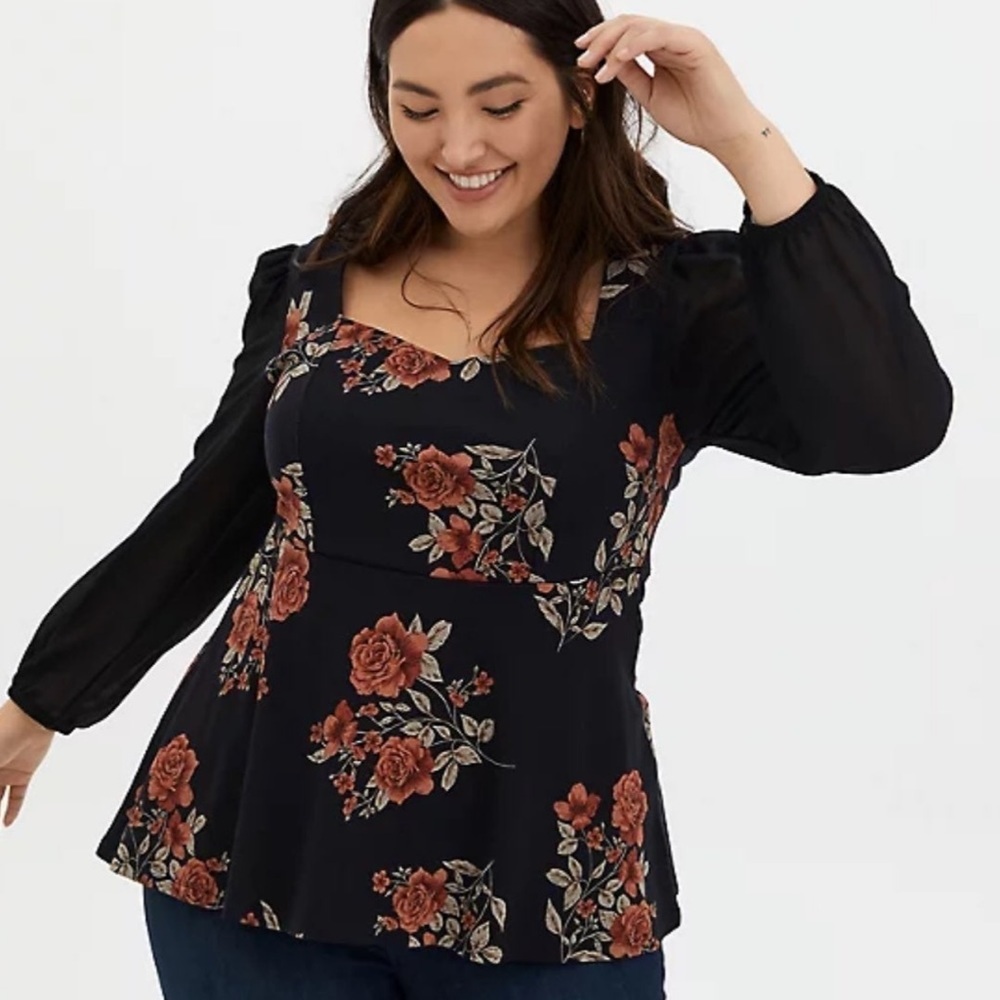 Torrid Black Floral Mesh Peplum Top